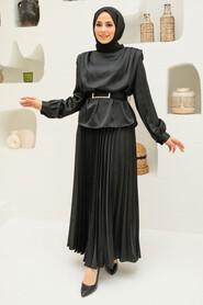  Satin Black Hijab Engagement Gown 3456S - 1