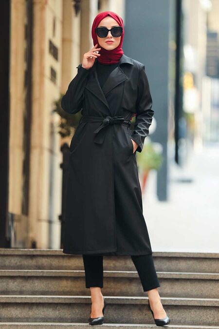 Black Hijab Trench Coat 51650S - NEVA STYLE