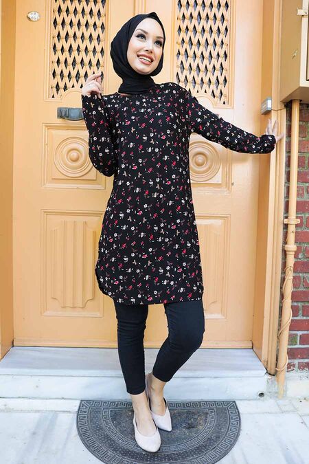 Black Hijab Tunic 358122S - NEVA STYLE DİJİTAL BASKILI ŞİFON ŞALLAR
