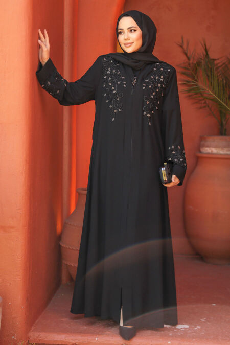 Black Modest Abaya For Women 29107S - NEVA STYLE