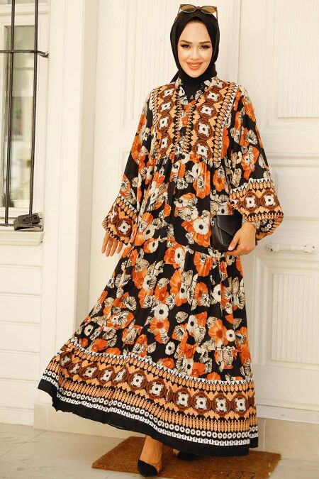 Black Modest Floral Dress 10276S - NEVA STYLE