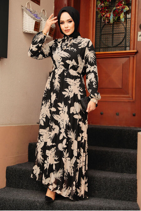 Black Modest Floral Long Dress 50359S - NEVA STYLE