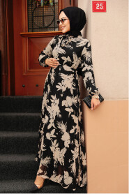 Black Modest Floral Long Dress 50359S - 2