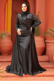 Black Modest Long Satin Dress 43381S - 2