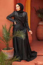 Black Modest Long Satin Dress 43381S - 3