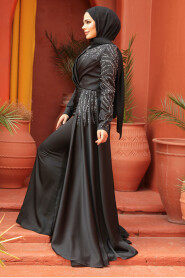 Black Modest Long Satin Dress 43381S - 4