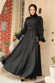 Black Satin Modest Evening Gown 5983S - 1