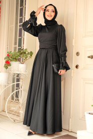 Black Satin Modest Evening Gown 5983S - 2