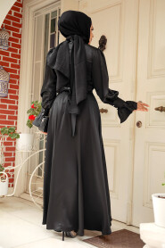 Black Satin Modest Evening Gown 5983S - 3