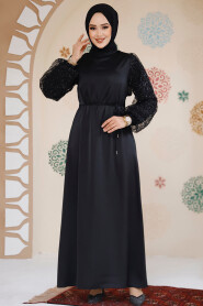 Black Satin Modest Gown 61671S - 2