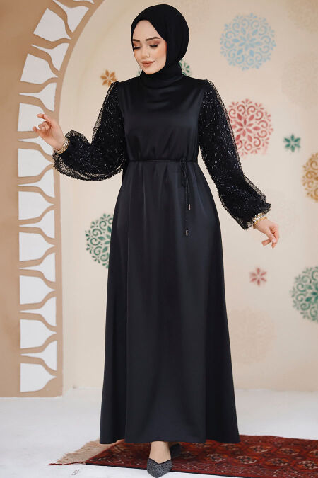 Black Satin Modest Gown 61671S - NEVA STYLE