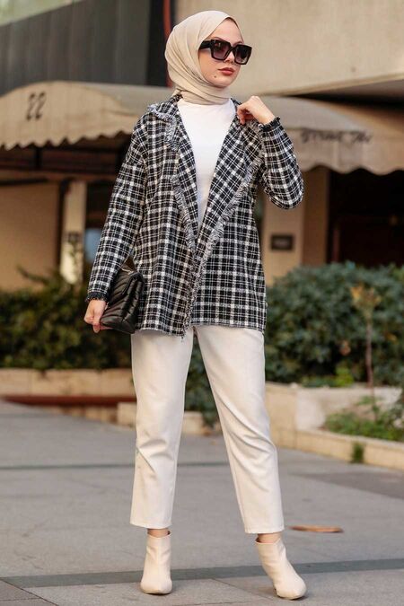 Black Tweed Hijab Blazer Jacket 1557S - NEVA STYLE