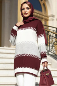 Color Block Claret Red Modest Knit Sweater 8804BR - 2