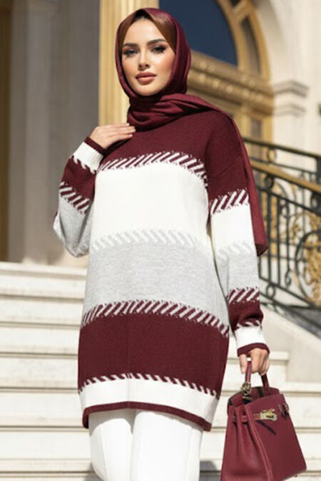 Color Block Claret Red Modest Knit Sweater 8804BR - 