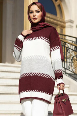 Color Block Claret Red Modest Knit Sweater 8804BR - 1