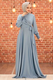  Blue Turkish Hijab Evening Gown 1420M - 1