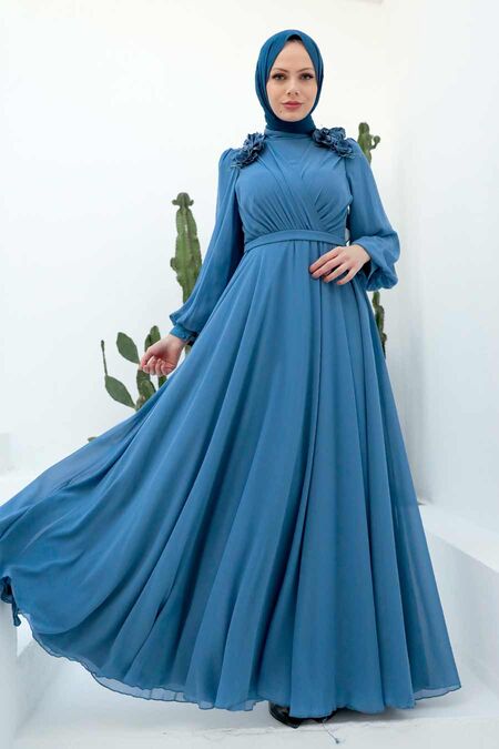  Long Blue Hijab Muslim Evening Dress 22232M - NEVA STYLE