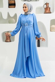  Long Sleeve Blue Hijab Evening Dress 3145M - 1