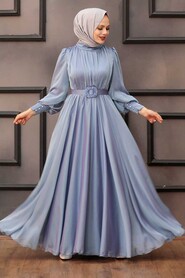  Elegant Blue Islamic Long Sleeve Maxi Dress 40221M - 1