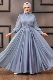  Elegant Blue Islamic Long Sleeve Maxi Dress 40221M - 2