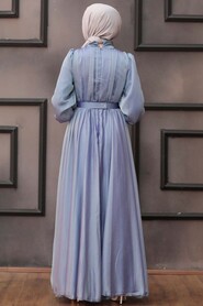  Elegant Blue Islamic Long Sleeve Maxi Dress 40221M - 3