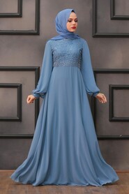  Plus Size Blue Islamic Long Sleeve Dress 50060M - 1