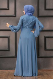  Plus Size Blue Islamic Long Sleeve Dress 50060M - 2