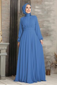 Plus Size Blue Islamic Clothing Evening Dress 5422M 