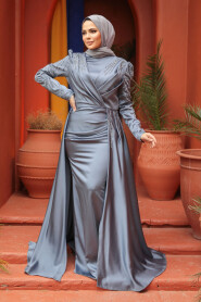 Blue Modest Long Satin Dress 43381M - 2