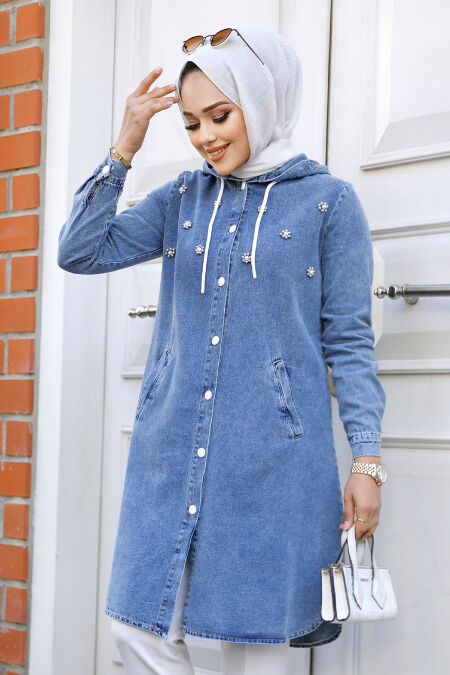 Blue Modest Women Denim Coat 19114M - NEVA STYLE