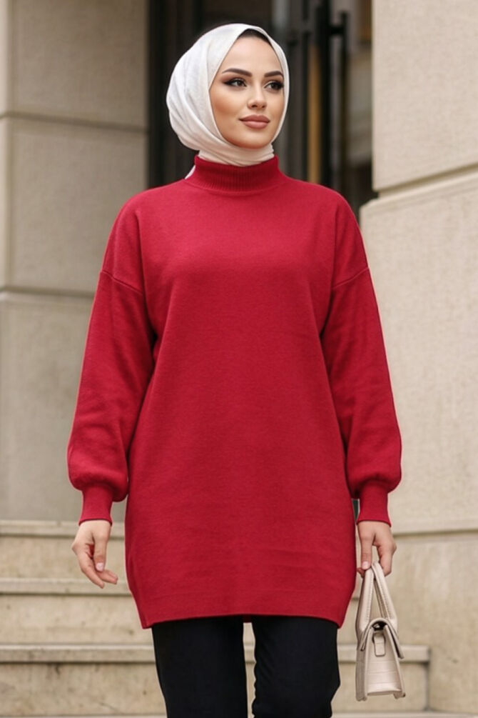 Turtleneck Red Modest Knit Sweater 10381K - 
