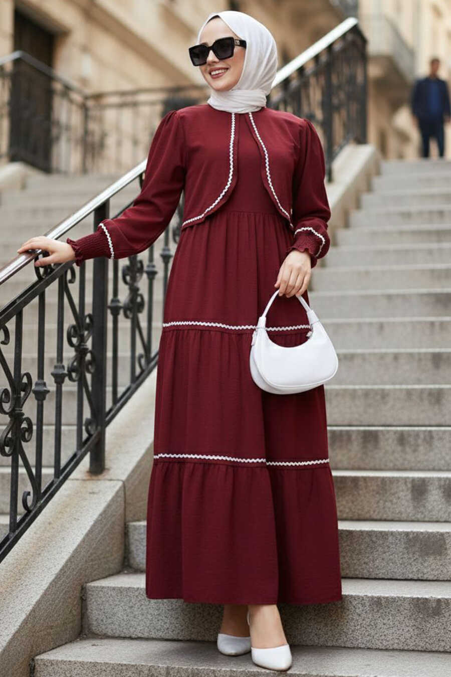 Bolero Detail Burgundy Modest Dress 20325BR - Neva-style.com