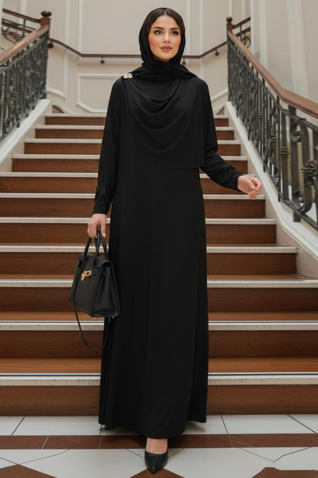 Brooch Detailed Black Modest Dress 2455S - Neva-style.com