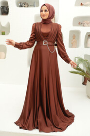  Long Sleeve Brown Islamic Long Sleeve Maxi Dress 3454KH - 1