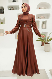  Long Sleeve Brown Islamic Long Sleeve Maxi Dress 3454KH - 2