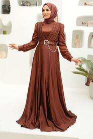  Long Sleeve Brown Islamic Long Sleeve Maxi Dress 3454KH - 3