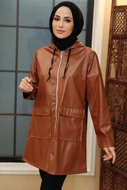 Brown Hijab Faux Leather Cap 50153KH - 1