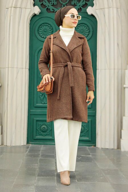 Brown Hijab Stamp Coat 5825KH - NEVA STYLE