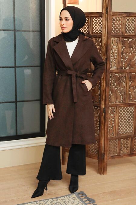 Brown Hijab Stamp Coat 70150KH - NEVA STYLE