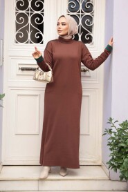 Brown Mercerized Knit Modest Dress 36291KH - 2