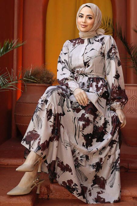 Brown Modest Floral Dress 60831KH - NEVA STYLE