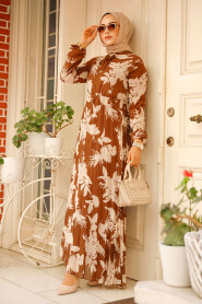 Brown Modest Floral Long Dress 50359KH - 2