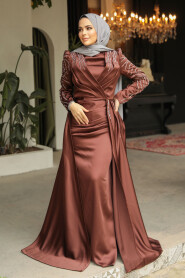 Brown Modest Long Satin Dress 43381KH - 3