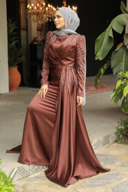 Brown Modest Long Satin Dress 43381KH 