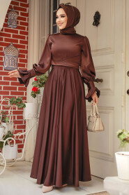 Brown Satin Modest Evening Gown 5983KH - 1