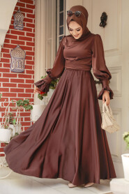 Brown Satin Modest Evening Gown 5983KH - 2