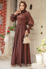Brown Satin Modest Evening Gown 5983KH - 3