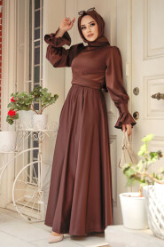 Brown Satin Modest Evening Gown 5983KH - 4