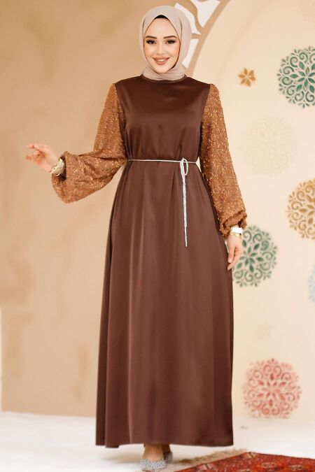 Brown Satin Modest Gown 61671KH - NEVA STYLE