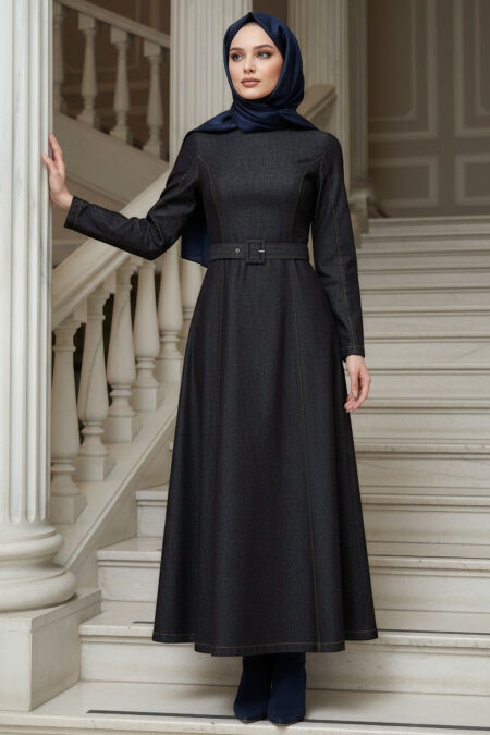 Buckle Belted Black Modest Denim Dress 6283S - 